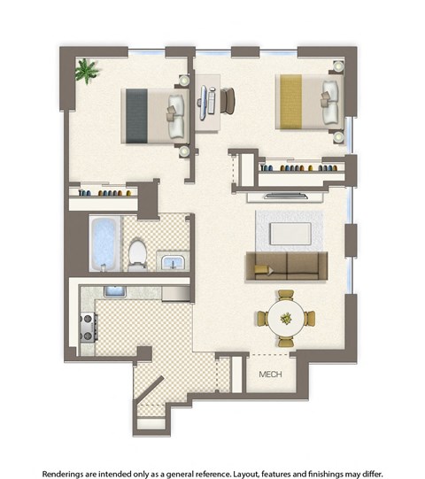 Floor plan for 2 beds, 1 bath, 611 sqft